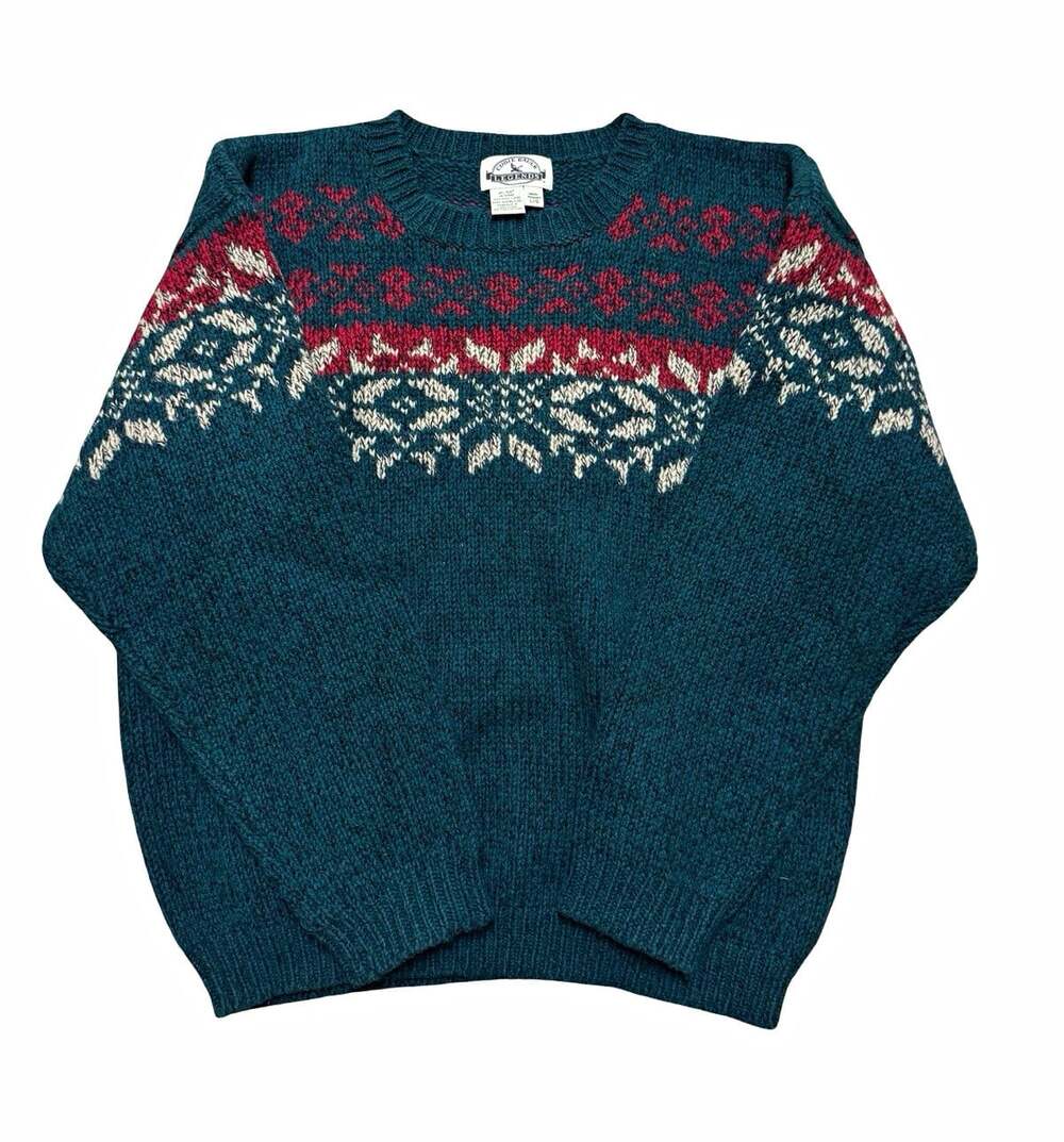 Vintage Eddie Bauer Legends Men L 100% Wool Fair Isle Holiday Sweater Green